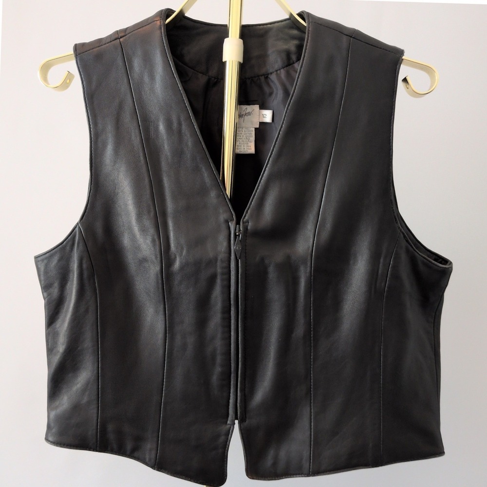 Jacqueline Ferrar 100% Lambskin Leather Vest Women Sz 12 Black Zip Front Biker